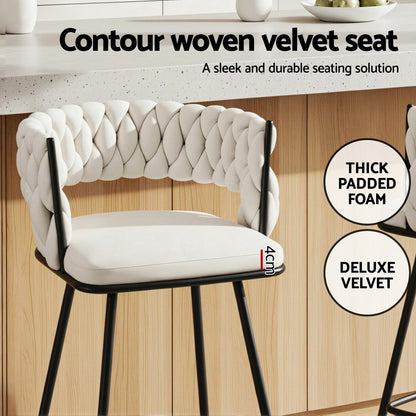 Artiss 4x Bar Stools Kitchen Dining Chair Counter Stool Woven Velvet Metal Ivory - Image 5