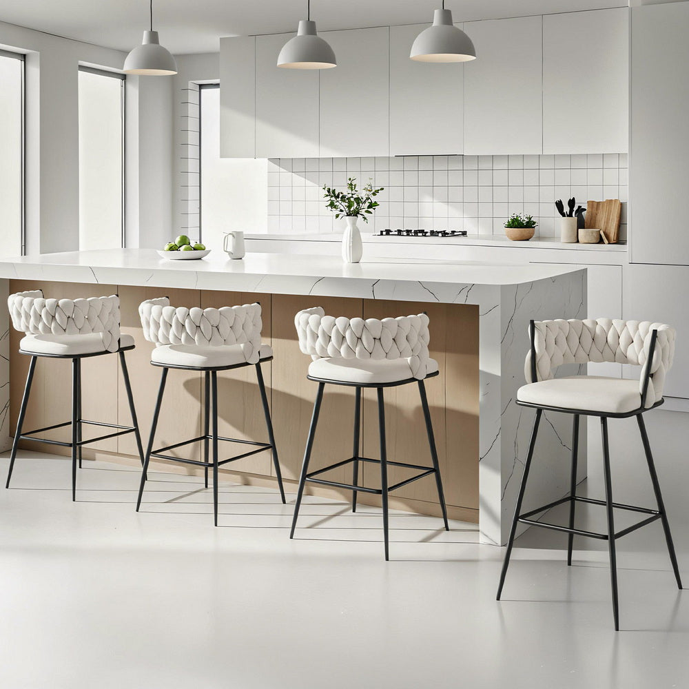 Artiss 4x Bar Stools Kitchen Dining Chair Counter Stool Woven Velvet Metal Ivory - Image 7