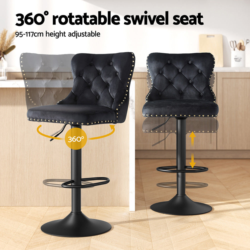 Artiss 4x Velvet Bar Stool Adjustable Height Nailhead Trim Kitchen Counter Stool - Image 4