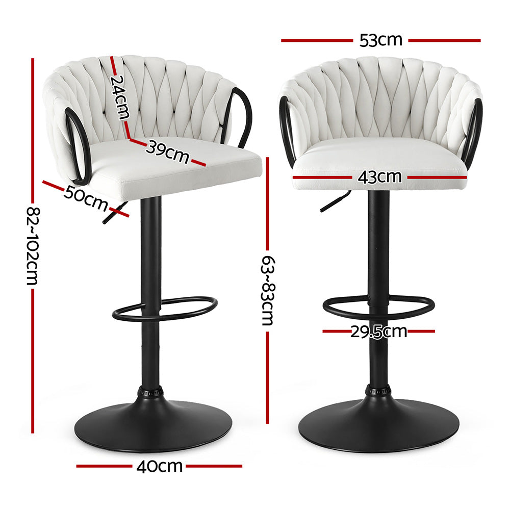 Artiss Bar Stool x2 Kitchen Dining Chair Counter Gaslift Woven Velvet Ivory - Image 2