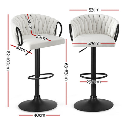 Artiss Bar Stool x2 Kitchen Dining Chair Counter Gaslift Woven Velvet Ivory - Image 2