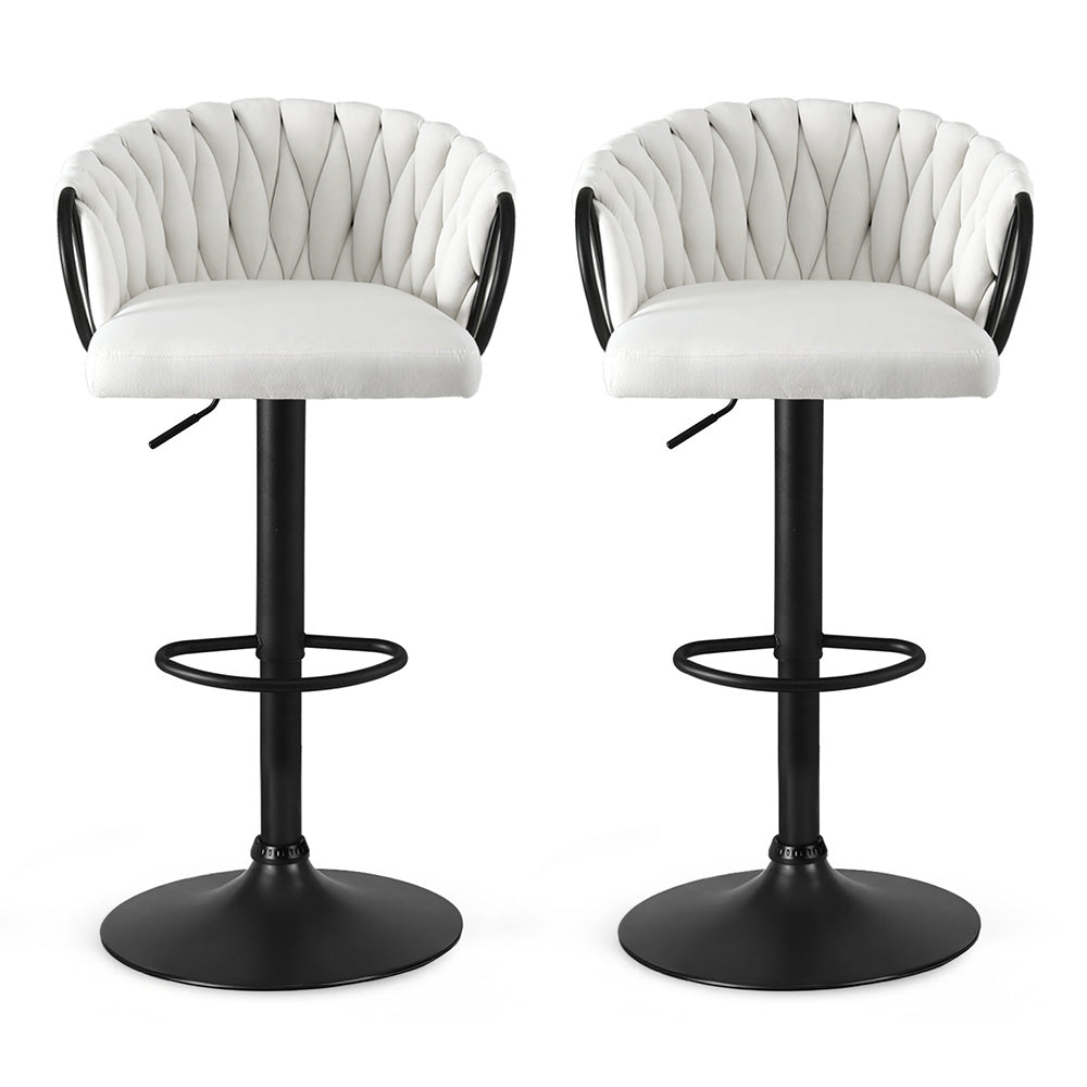 Artiss Bar Stool x2 Kitchen Dining Chair Counter Gaslift Woven Velvet Ivory - Image 3