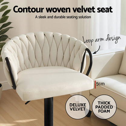 Artiss Bar Stool x2 Kitchen Dining Chair Counter Gaslift Woven Velvet Ivory - Image 5