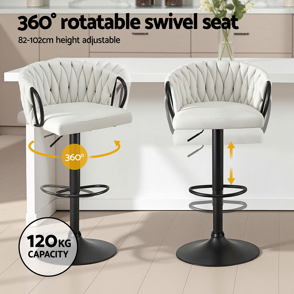 Artiss Bar Stool x4 Kitchen Dining Chair Counter Gaslift Woven Velvet Ivory - Image 4