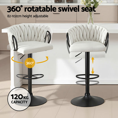 Artiss Bar Stool x4 Kitchen Dining Chair Counter Gaslift Woven Velvet Ivory - Image 4