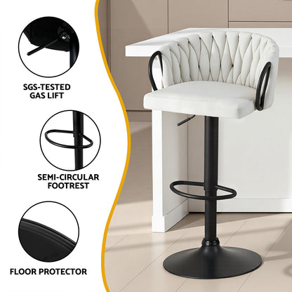 Artiss Bar Stool x4 Kitchen Dining Chair Counter Gaslift Woven Velvet Ivory - Image 6