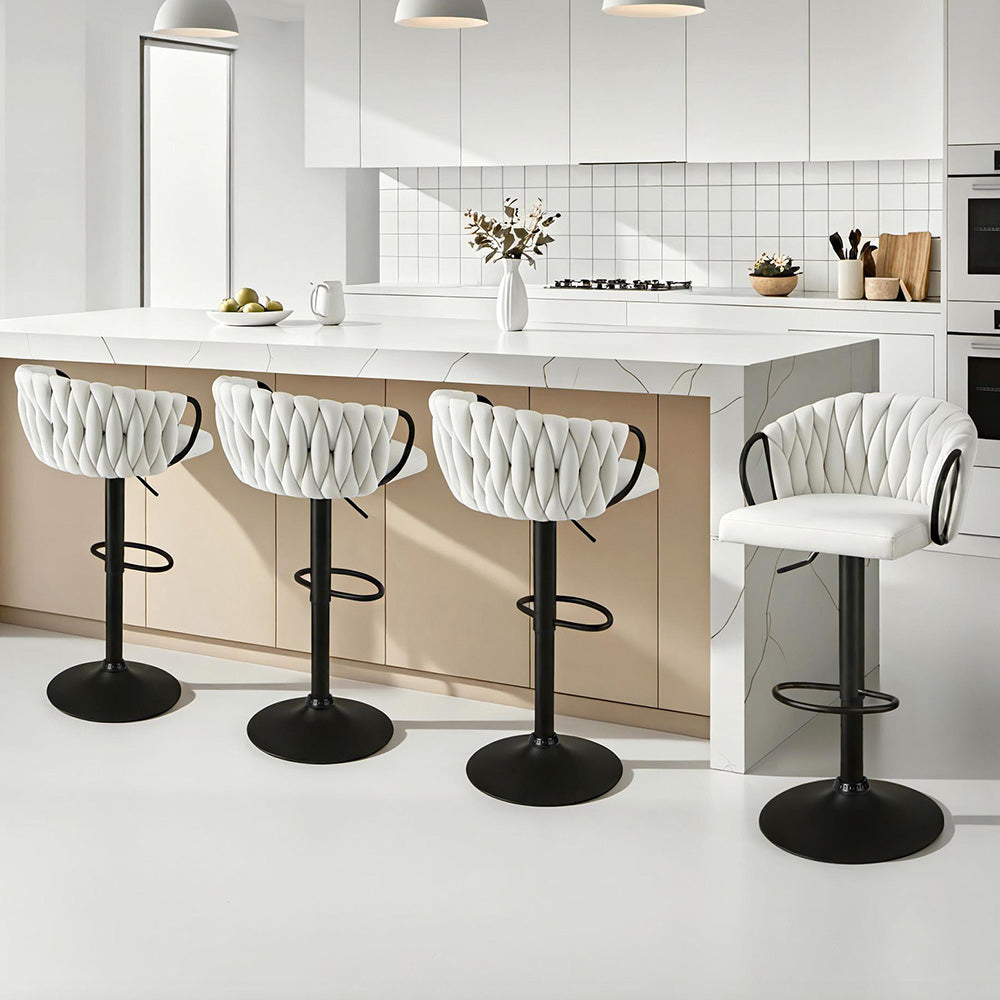 Artiss Bar Stool x4 Kitchen Dining Chair Counter Gaslift Woven Velvet Ivory - Image 7