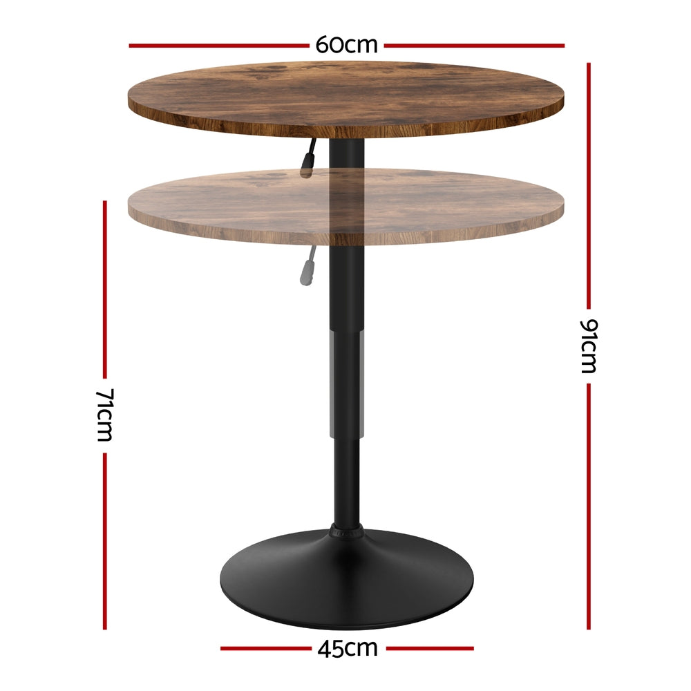 Artiss Height Adjustable Bar Table 360 Swivel Round Gaslift Design 60cm Rustic Brown Black - Image 2