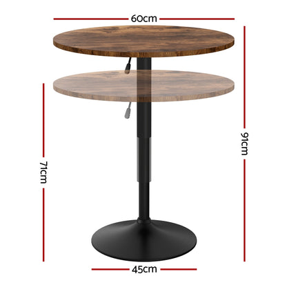 Artiss Height Adjustable Bar Table 360 Swivel Round Gaslift Design 60cm Rustic Brown Black - Image 2
