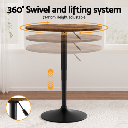 Artiss Height Adjustable Bar Table 360 Swivel Round Gaslift Design 60cm Rustic Brown Black - Image 4