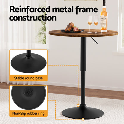 Artiss Height Adjustable Bar Table 360 Swivel Round Gaslift Design 60cm Rustic Brown Black - Image 6