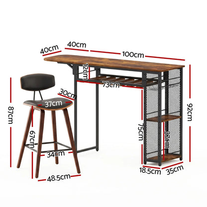 Artiss 3PCS Bar Table and Stools Set Dining Table Solid Wood Kitchen Chairs Cafe Pub - Image 3