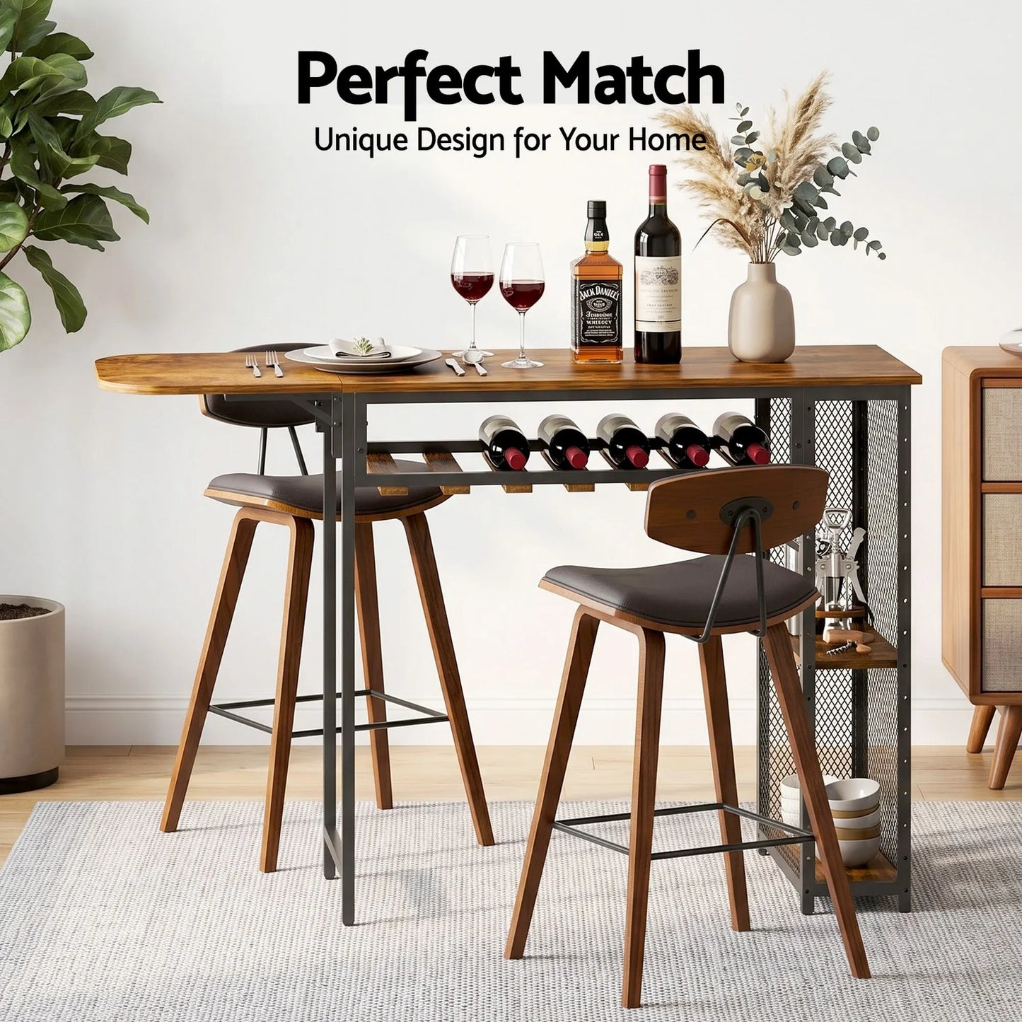 Artiss 3PCS Bar Table and Stools Set Dining Table Solid Wood Kitchen Chairs Cafe Pub - Image 5