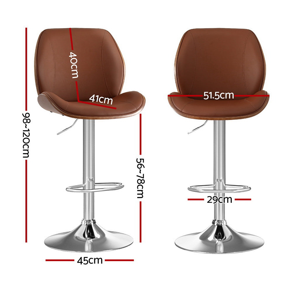 Artiss 2X Bar Stools Bentwood Adjustable Kitchen Counter Chair Leather Brown - Image 2