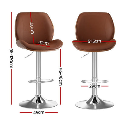 Artiss 2X Bar Stools Bentwood Adjustable Kitchen Counter Chair Leather Brown - Image 2