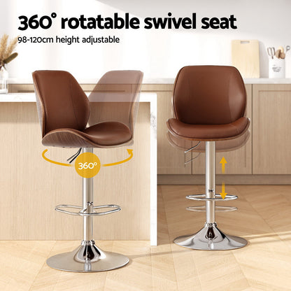 Artiss 2X Bar Stools Bentwood Adjustable Kitchen Counter Chair Leather Brown - Image 4