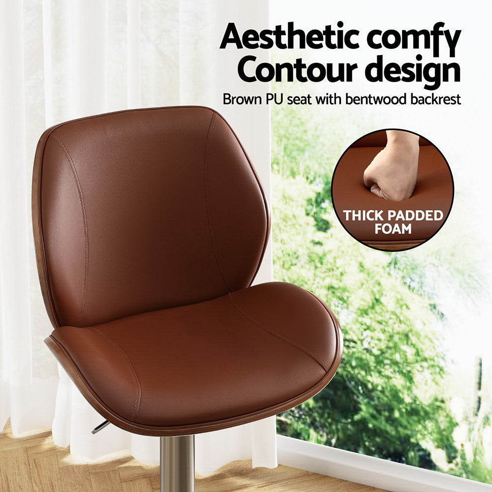 Artiss 2X Bar Stools Bentwood Adjustable Kitchen Counter Chair Leather Brown - Image 5