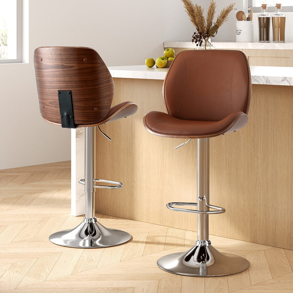 Artiss 2X Bar Stools Bentwood Adjustable Kitchen Counter Chair Leather Brown - Image 7