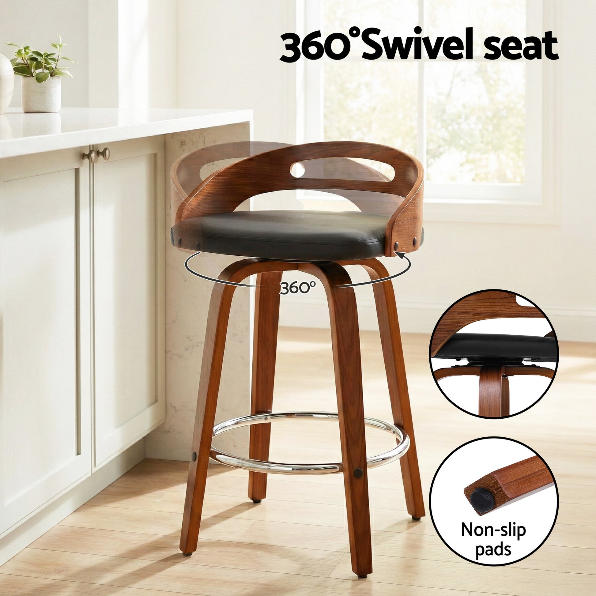 Artiss 2x Bar Stools Swivel Dining Chairs Low Back Counter Seat PU Cushion - Image 4