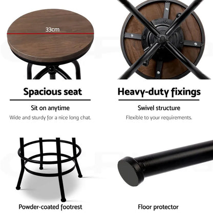 Artiss 3x Bar Stool Backless Swivel Counter Barstools 70-90cm Seat Height Adjustable Industrial - Image 6