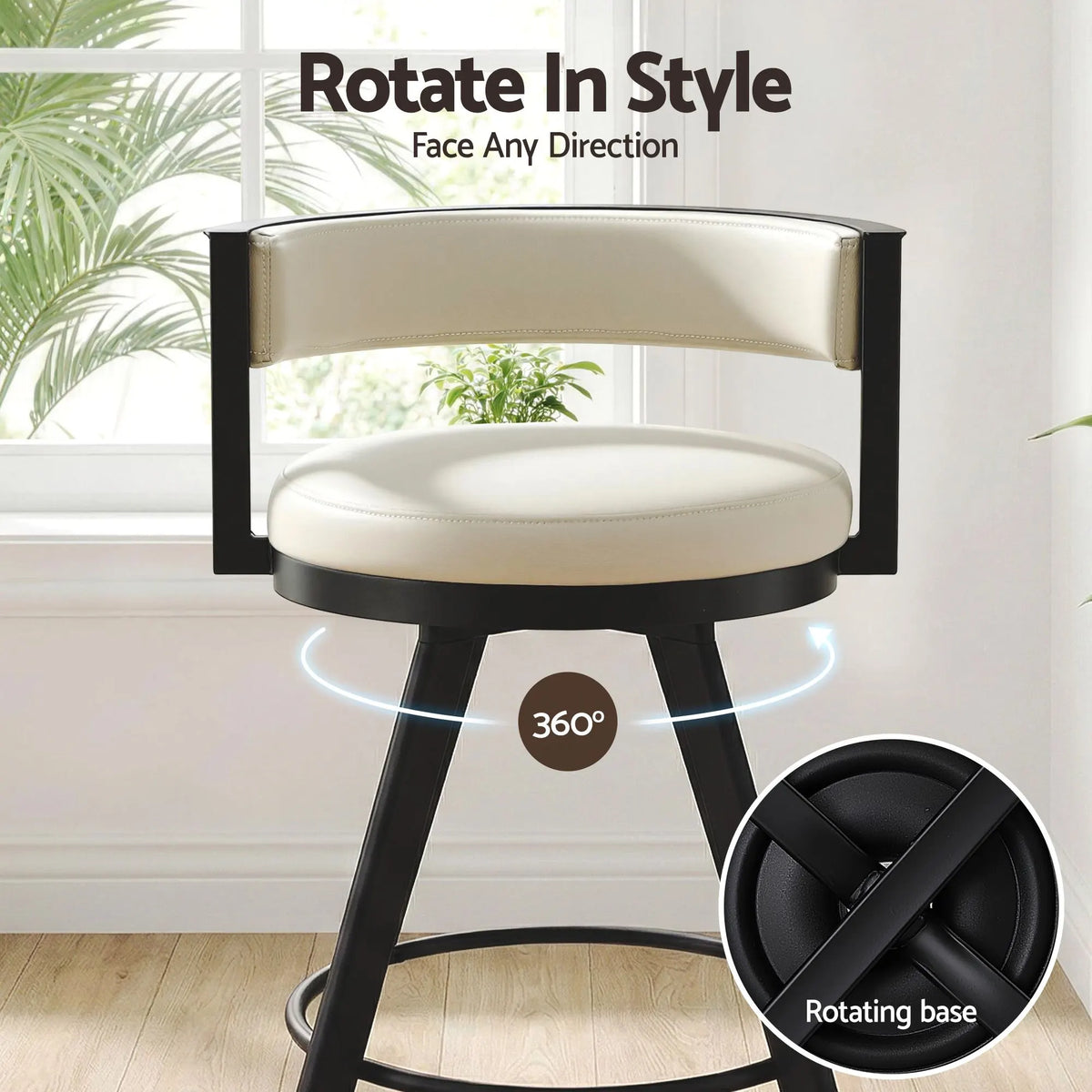Artiss Bar Stools Set of 3 Swivel Counter Stools with Padded Backrest PU Leather Beige - Image 6