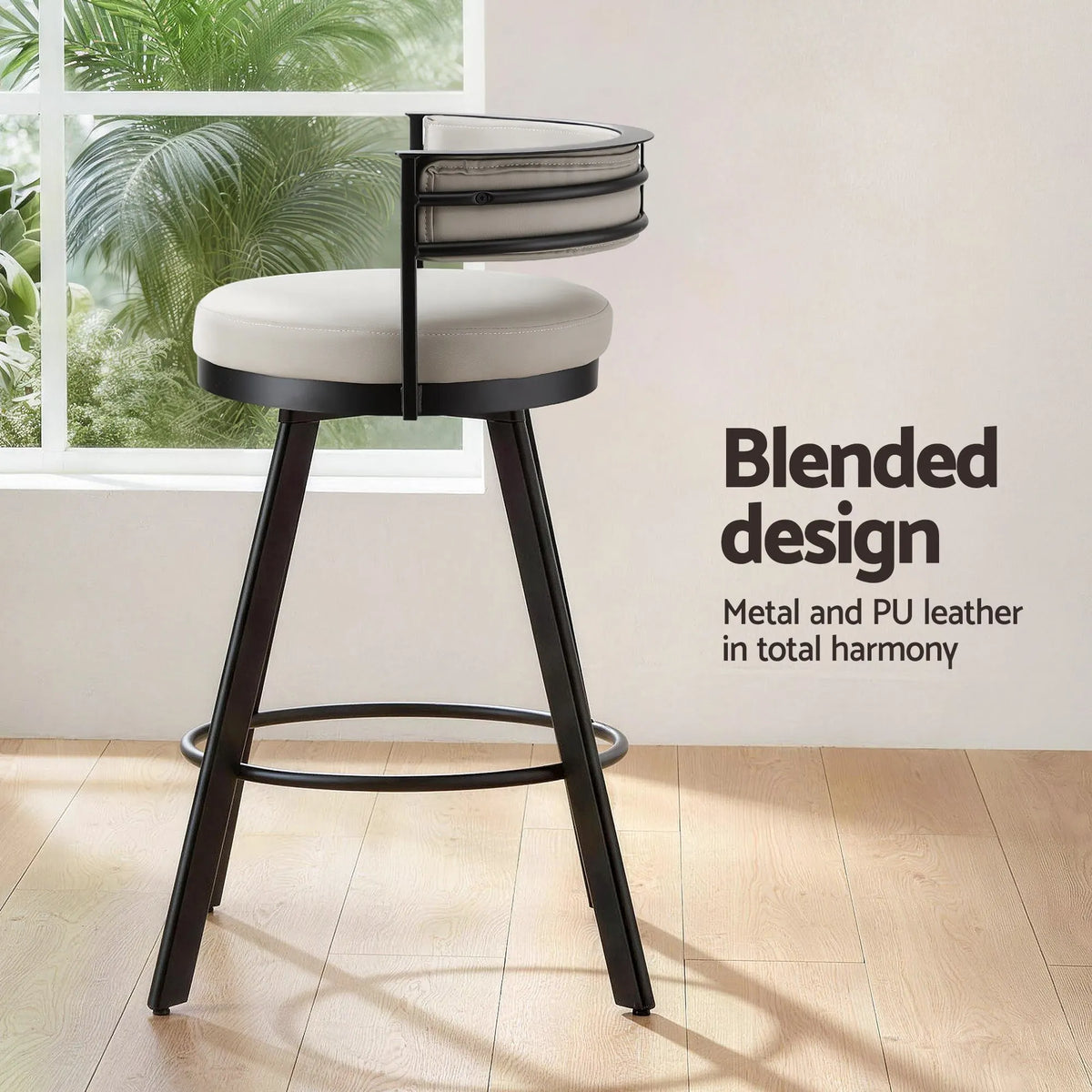 Artiss Bar Stools Set of 3 Swivel Counter Stools with Padded Backrest PU Leather Beige - Image 7