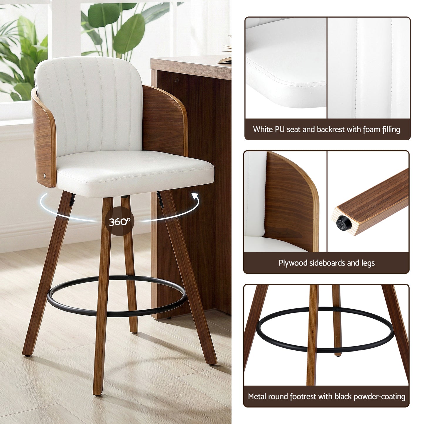 Artiss Wooden Bar Stools Swivel Kitchen Counter Stool Chair 58cm Seat Height - Image 7