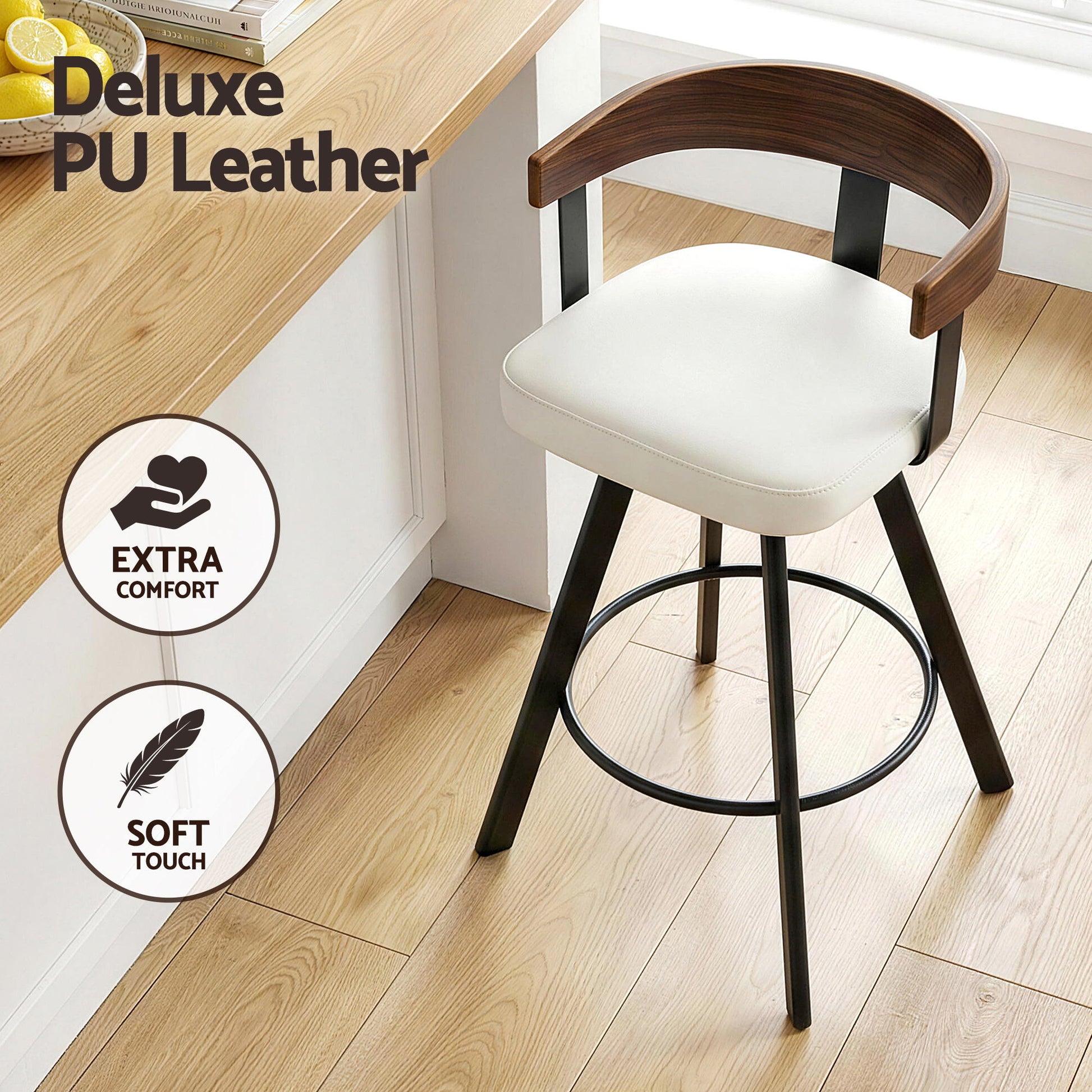 2x Artiss Bar Stools Swivel Kitchen Chairs Metal Legs Bentwood Counter White PU - Image 8