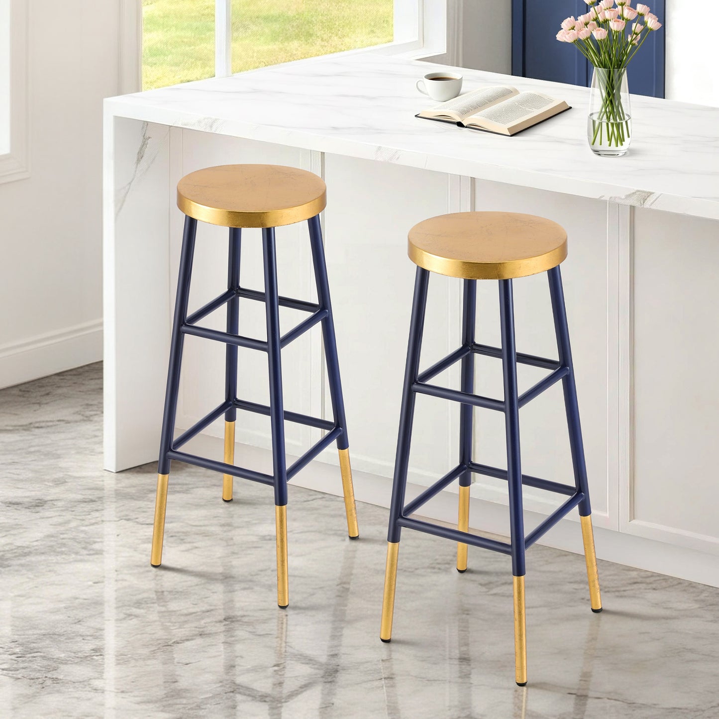 Artiss 2x Bar Stools Metal Gold Navy - Image 7