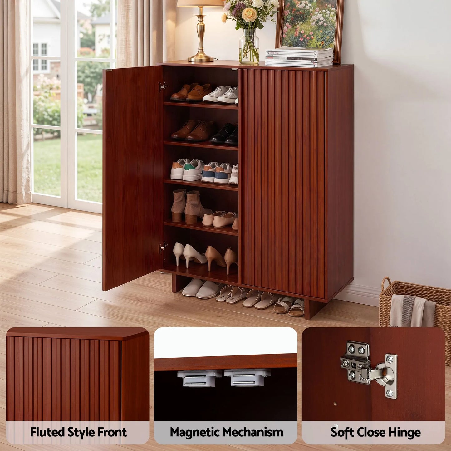 Artiss Shoe Cabinet 5 Tier Storage Organiser w/ Adjustable Shelves Bamboo - Image 8