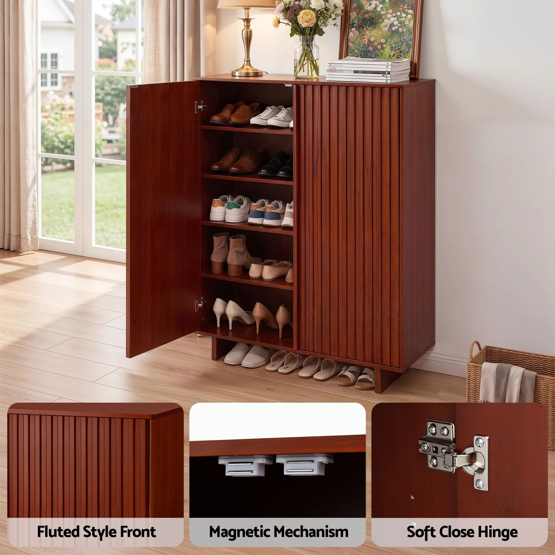 Artiss Shoe Cabinet 5 Tier Storage Organiser w/ Adjustable Shelves Bamboo - Image 8