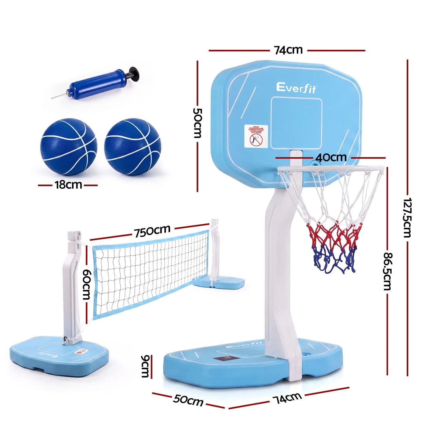 Everfit 2 in 1 Pool Basketball Hoop Volleyball Net Set Water Sports Game Combo Weighted Base Blue - Image 2