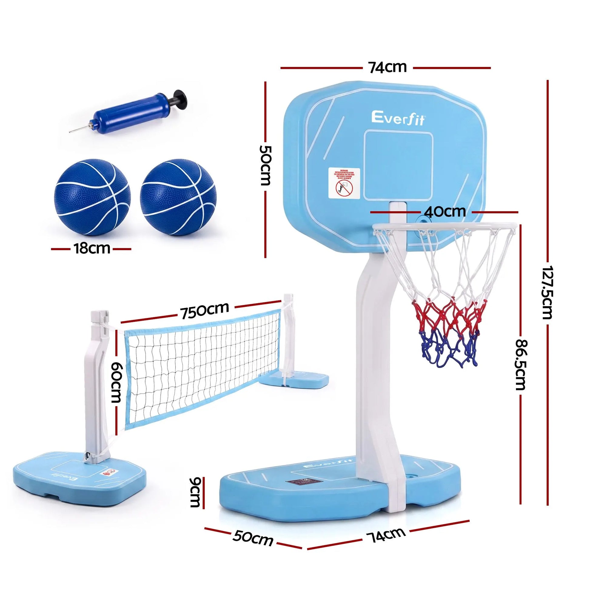 Everfit 2 in 1 Pool Basketball Hoop Volleyball Net Set Water Sports Game Combo Weighted Base Blue - Image 2