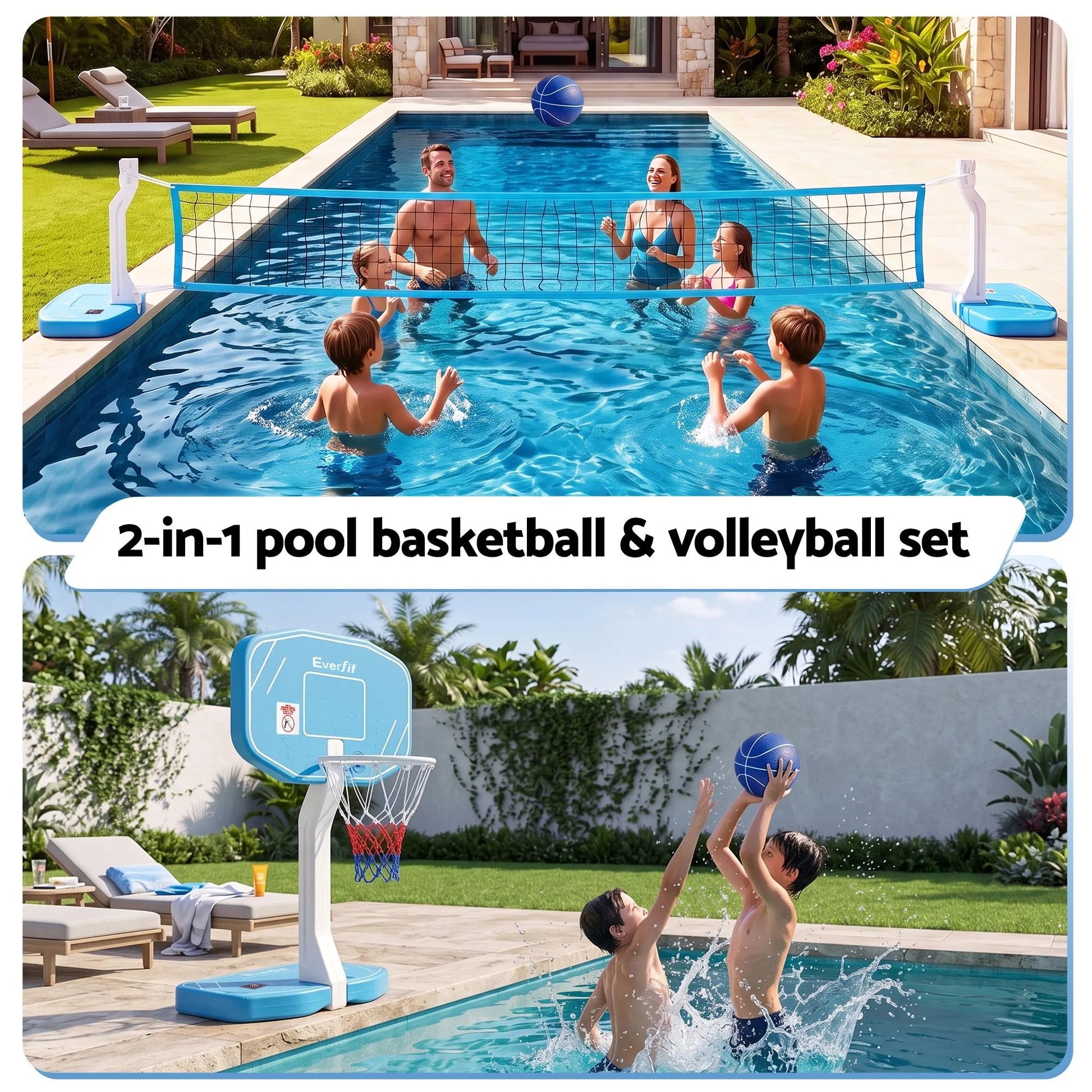 Everfit 2 in 1 Pool Basketball Hoop Volleyball Net Set Water Sports Game Combo Weighted Base Blue - Image 4