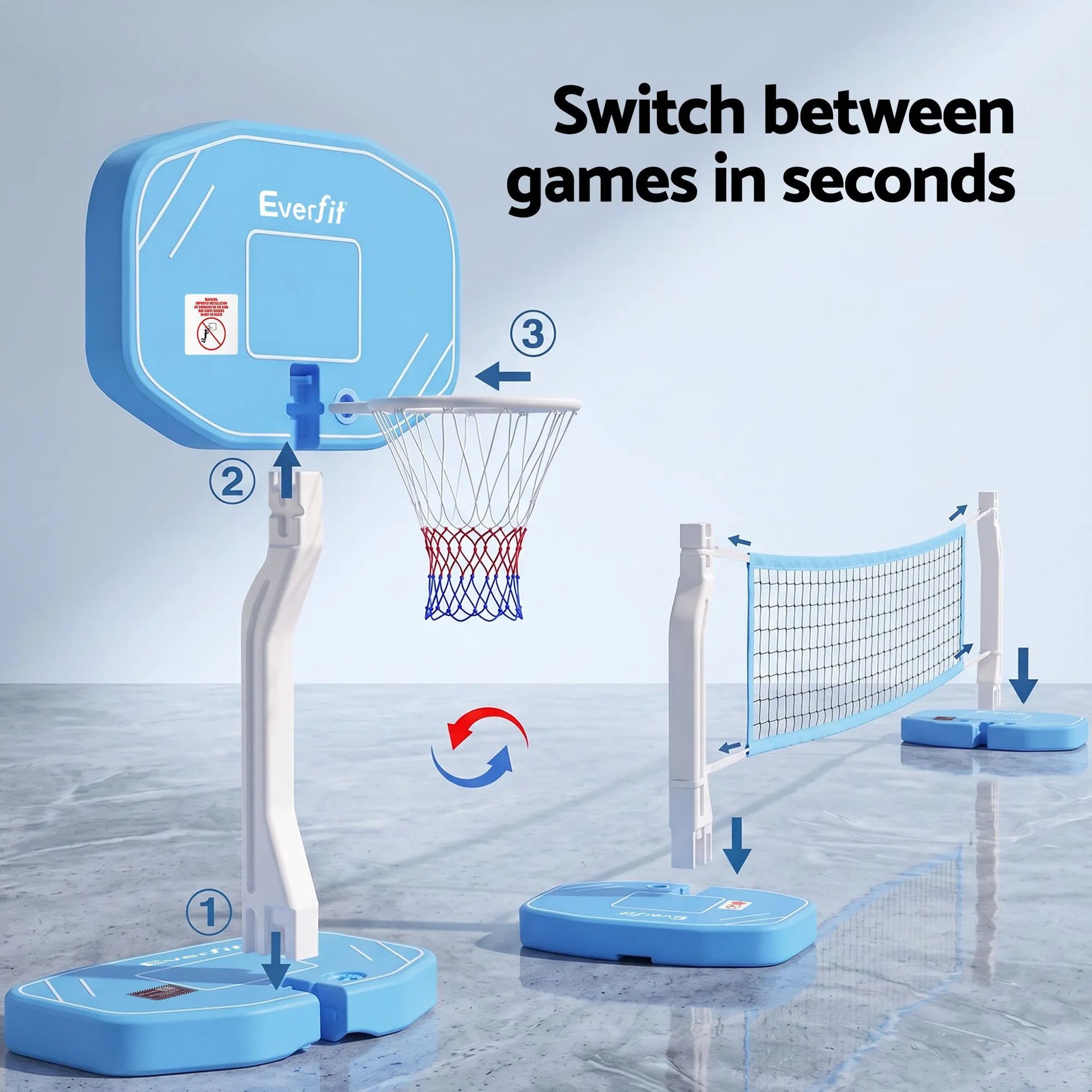 Everfit 2 in 1 Pool Basketball Hoop Volleyball Net Set Water Sports Game Combo Weighted Base Blue - Image 7