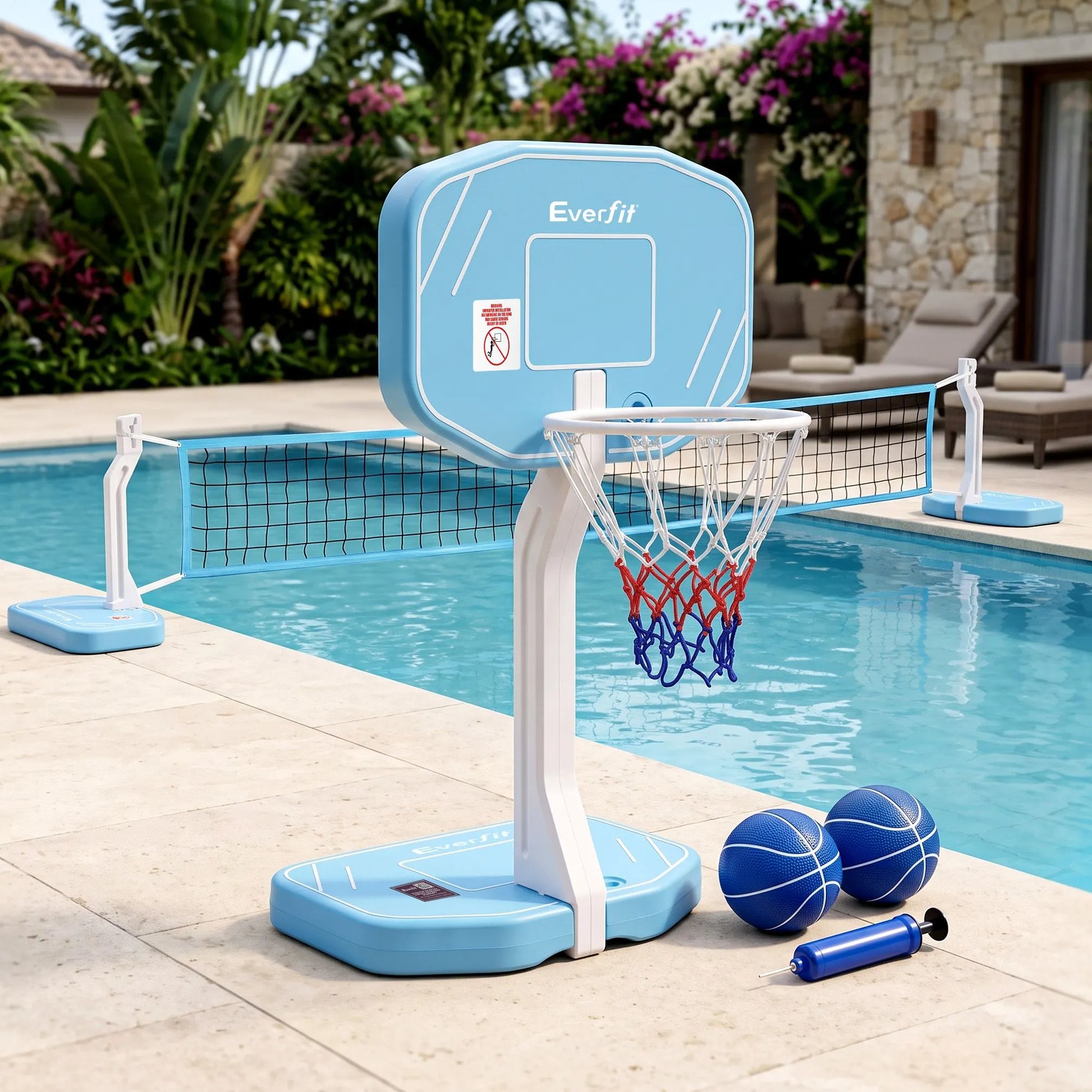 Everfit 2 in 1 Pool Basketball Hoop Volleyball Net Set Water Sports Game Combo Weighted Base Blue - Image 8