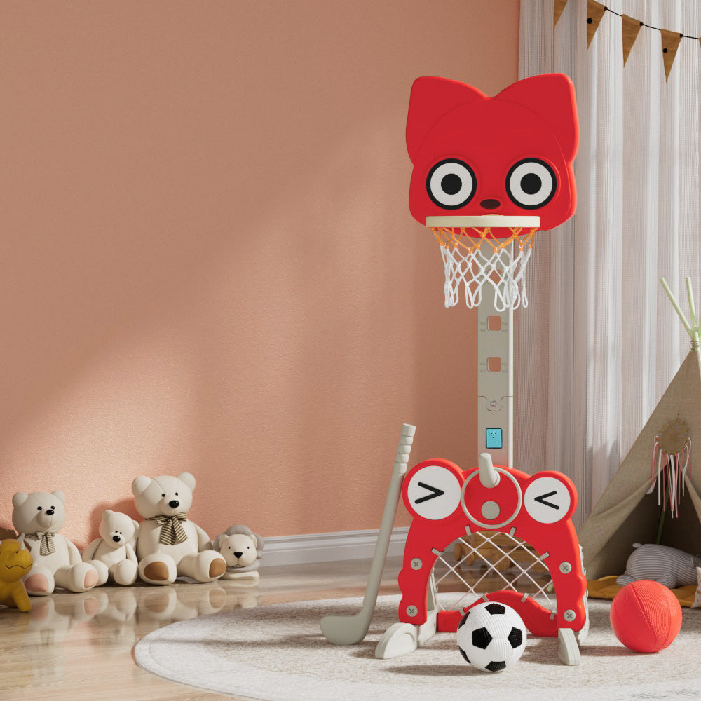 Keezi Kids Basketball Hoop Stand Adjustable 5-in-1 Sports Center Toys Set Red - Image 5