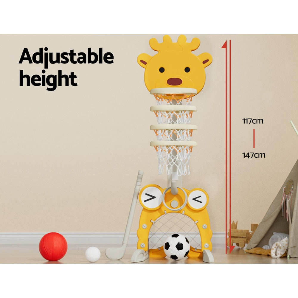 Keezi Kids Basketball Hoop Stand Adjustable 5-in-1 Sports Center Toys Set Yellow - Image 6