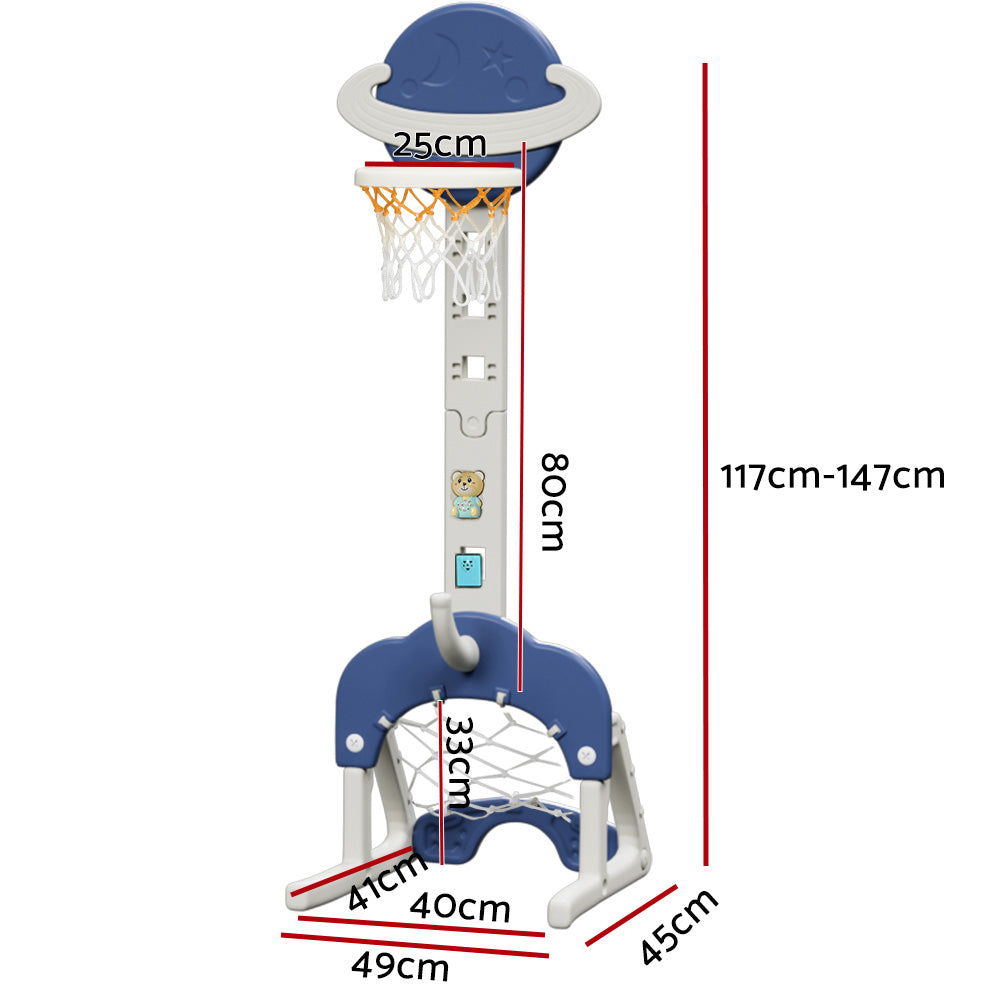 Keezi Kids Basketball Hoop Stand Adjustable 6-in-1 Sports Center Toys Set Blue - Image 2
