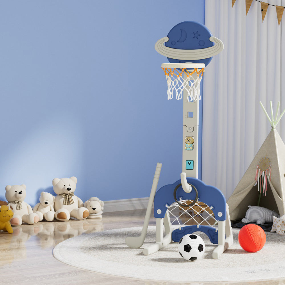 Keezi Kids Basketball Hoop Stand Adjustable 6-in-1 Sports Center Toys Set Blue - Image 5