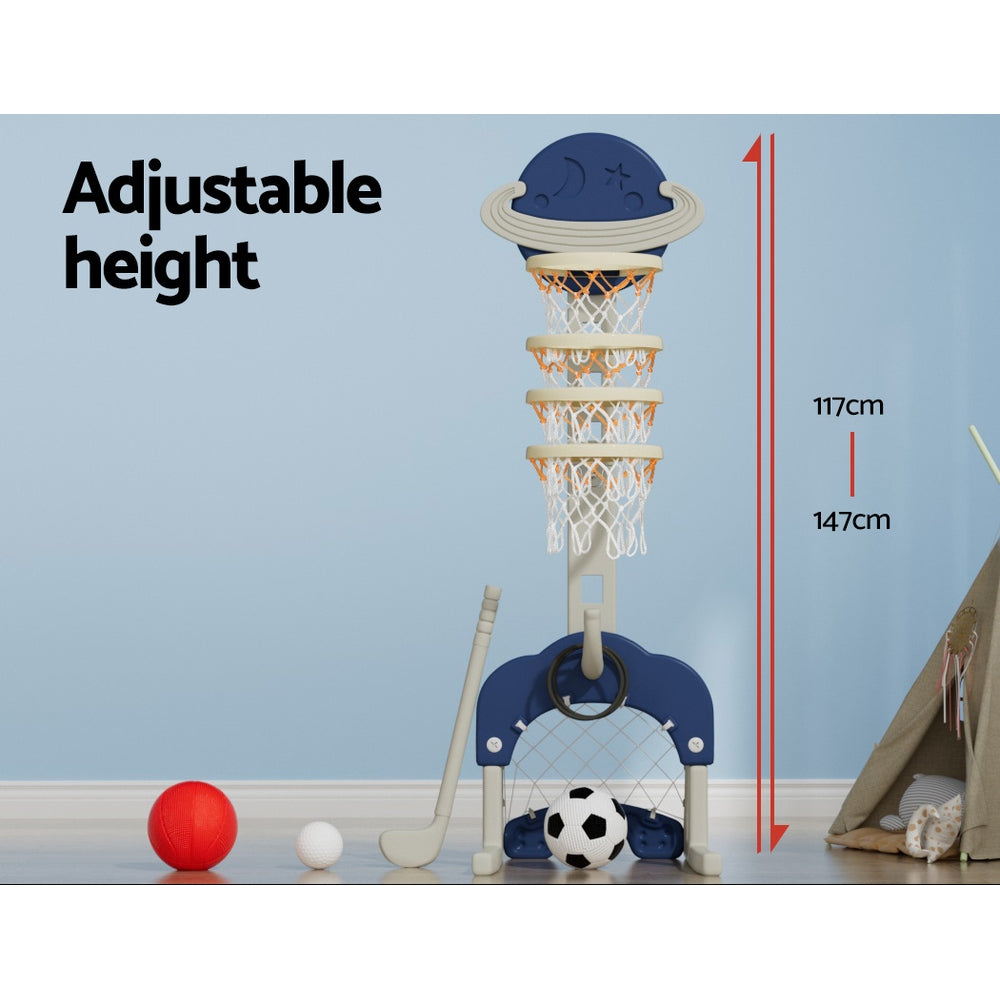 Keezi Kids Basketball Hoop Stand Adjustable 6-in-1 Sports Center Toys Set Blue - Image 6