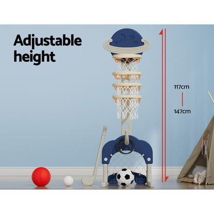 Keezi Kids Basketball Hoop Stand Adjustable 6-in-1 Sports Center Toys Set Blue - Image 6