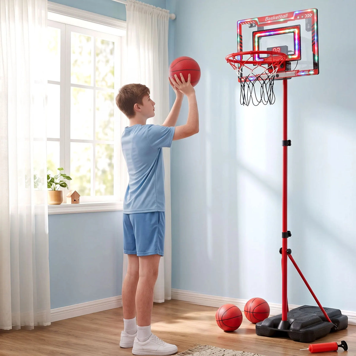 Everfit 2 in 1 Kids Basketball Hoop Adjustable Stand Over Door Scoreboard Red