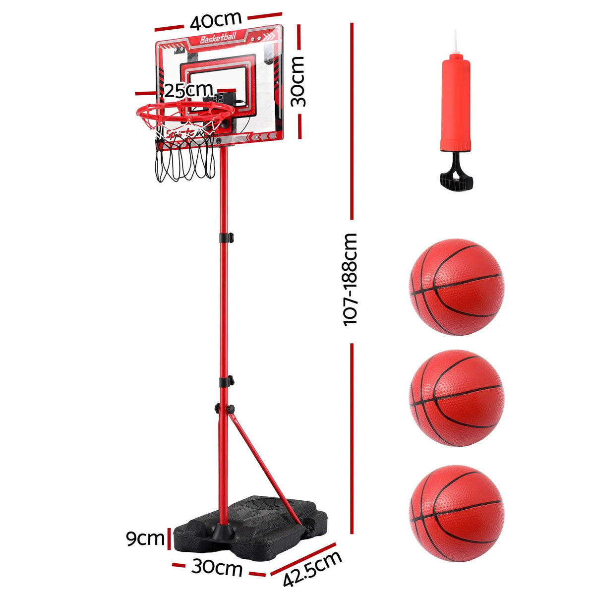 Everfit 2 in 1 Kids Basketball Hoop Adjustable Stand Over Door Scoreboard Red - Image 3