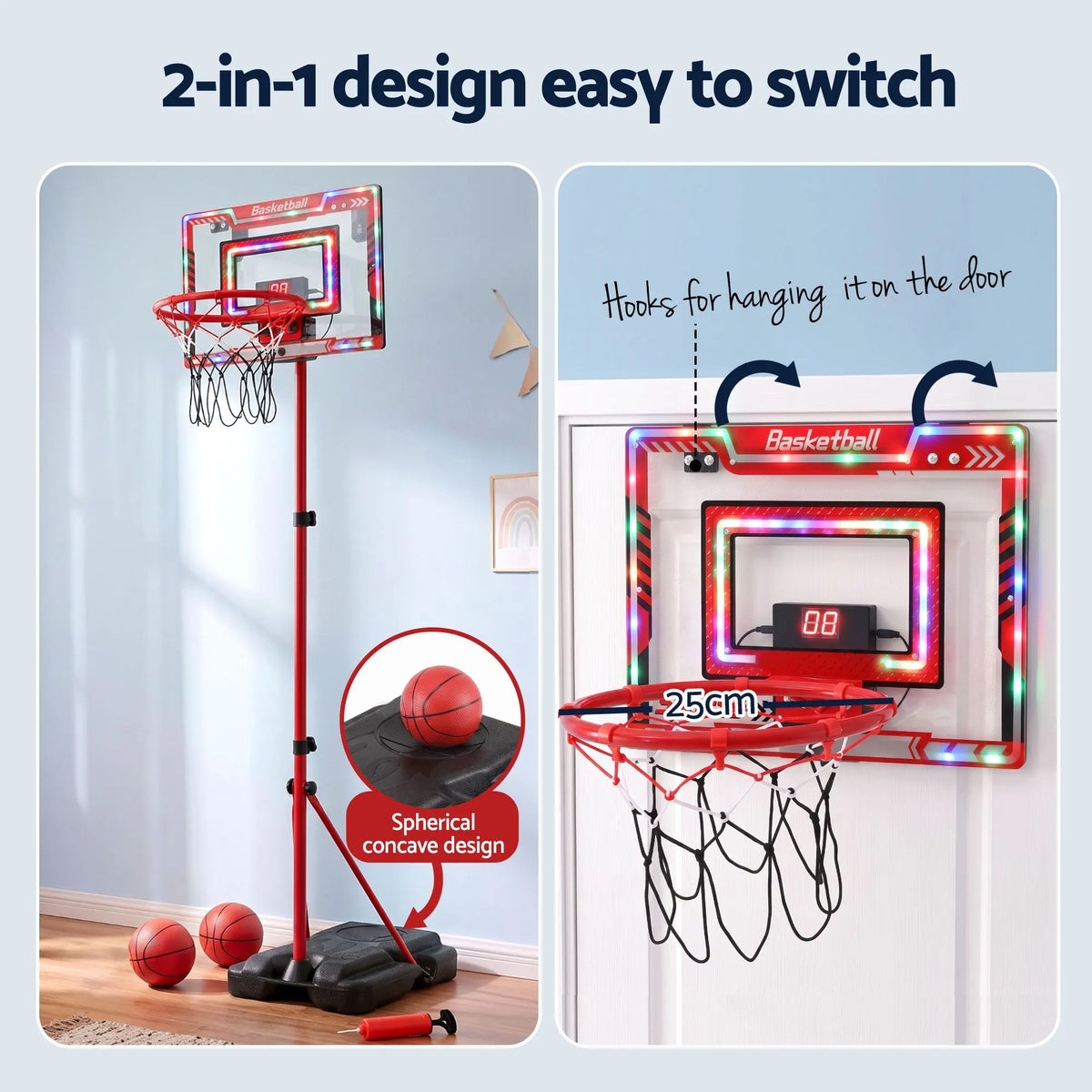 Everfit 2 in 1 Kids Basketball Hoop Adjustable Stand Over Door Scoreboard Red - Image 5