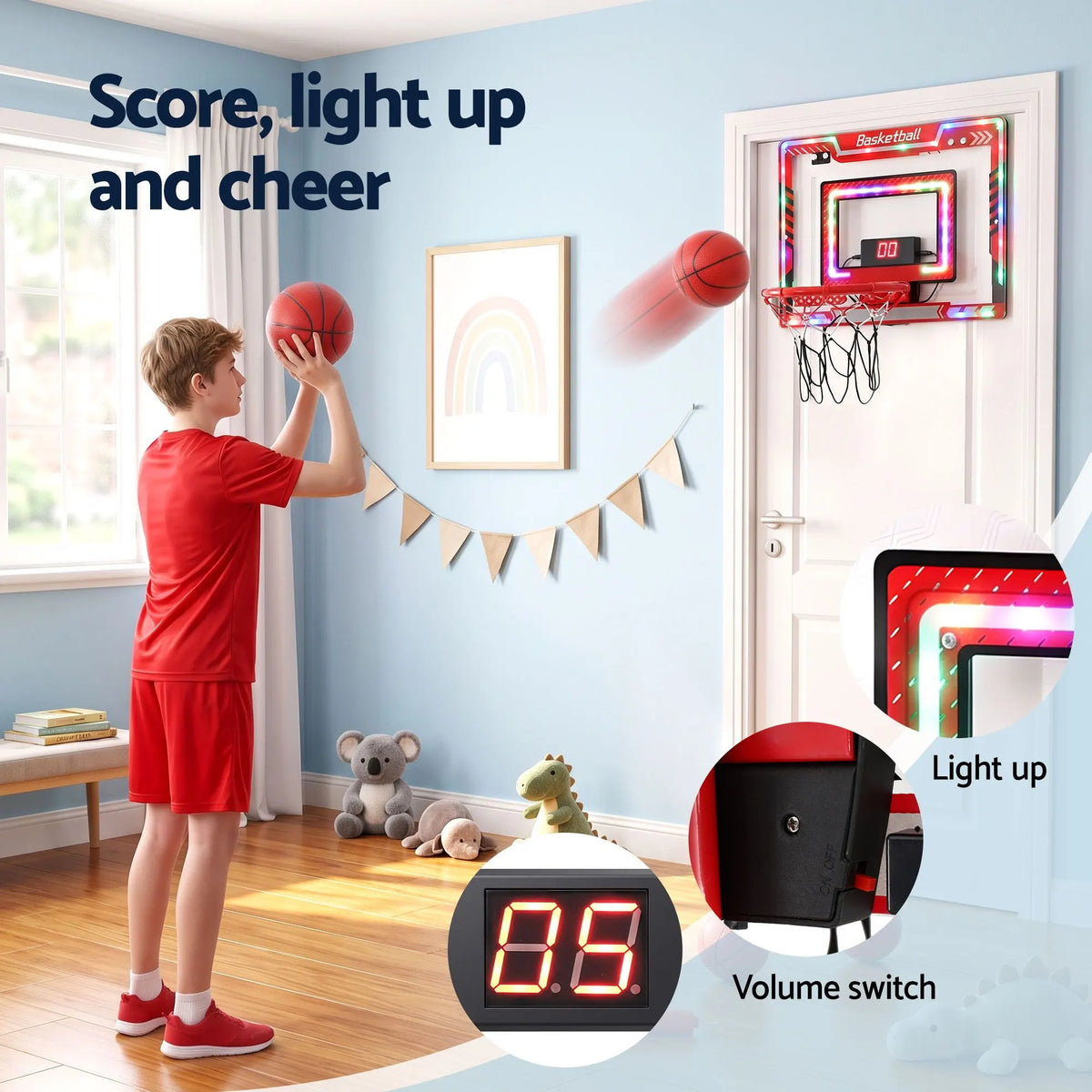 Everfit 2 in 1 Kids Basketball Hoop Adjustable Stand Over Door Scoreboard Red - Image 6