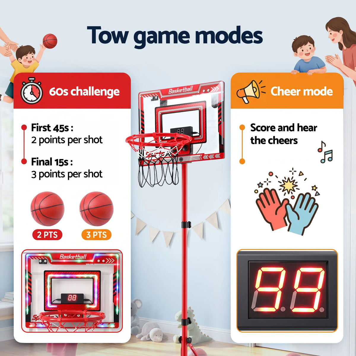 Everfit 2 in 1 Kids Basketball Hoop Adjustable Stand Over Door Scoreboard Red - Image 7