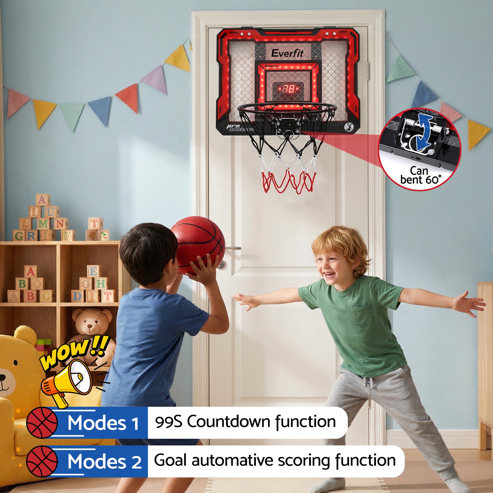 Everfit Mini Basketball Hoop Over Door Indoor LED Scoreboard Kids Set 40x30cm - Image 5