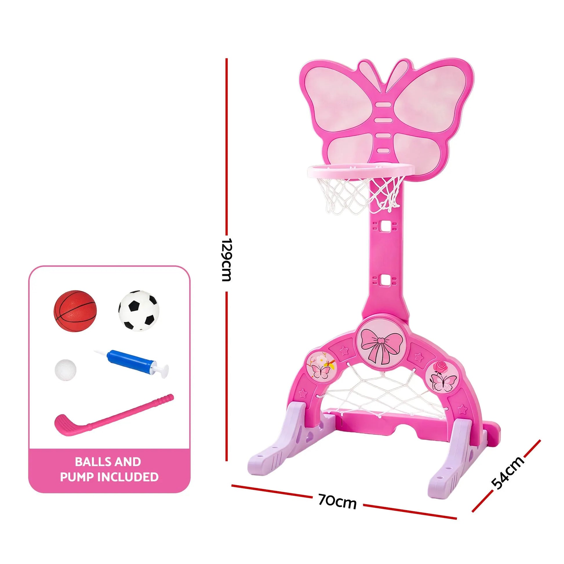 Keezi 3-in-1 Kids Basketball Hoop Soccer Goal Golf Game Set with Balls Pink - Image 2