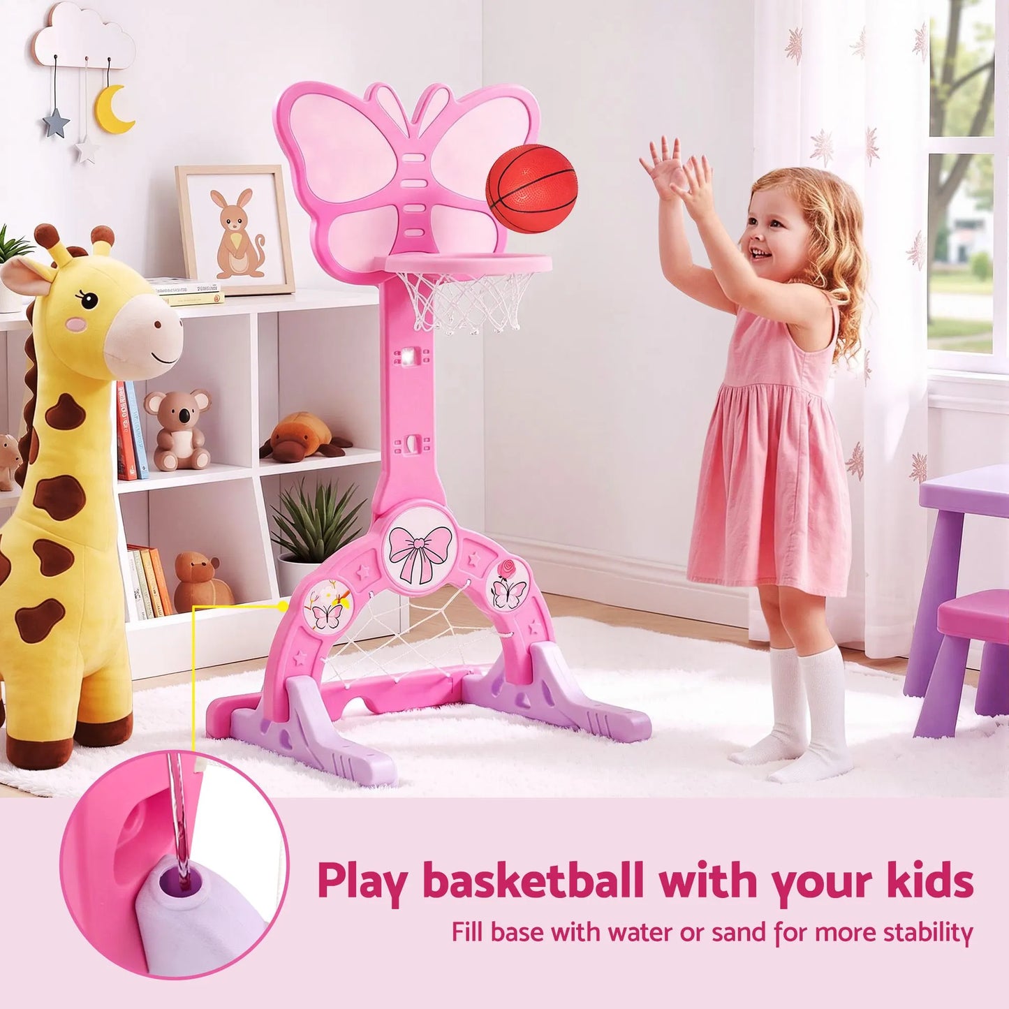 Keezi 3-in-1 Kids Basketball Hoop Soccer Goal Golf Game Set with Balls Pink - Image 4